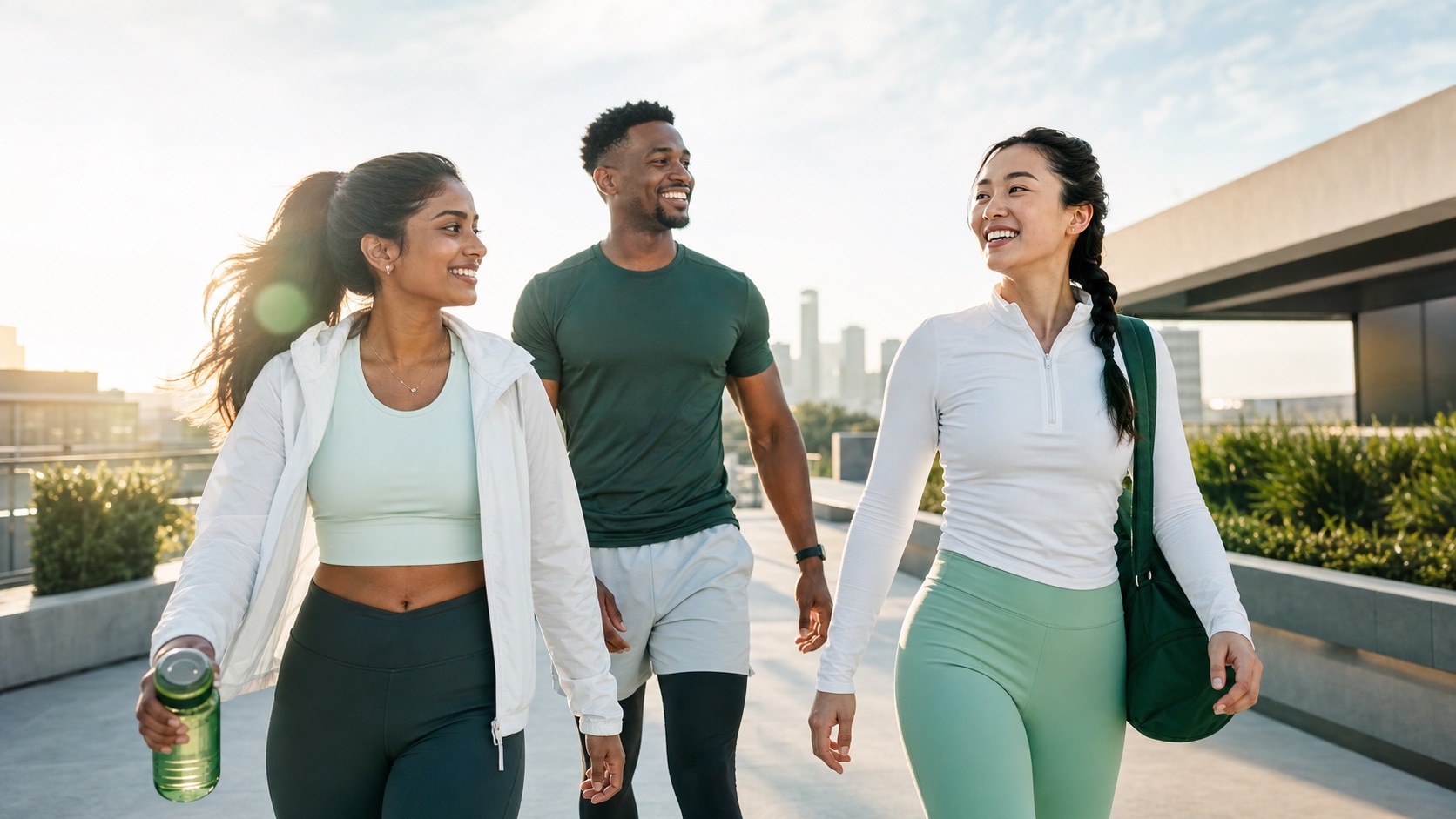 A diverse group of athletic adults walking together after an outdoor workout